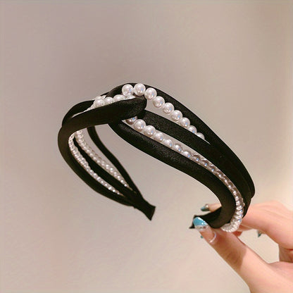 1PC European and American personality pearl headband heavy head grottoes Fashion personality pearl pleated knot pressure headband wide edge clip headband female