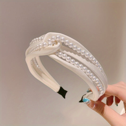 1PC European and American personality pearl headband heavy head grottoes Fashion personality pearl pleated knot pressure headband wide edge clip headband female