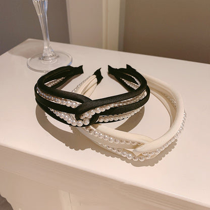 1PC European and American personality pearl headband heavy head grottoes Fashion personality pearl pleated knot pressure headband wide edge clip headband female