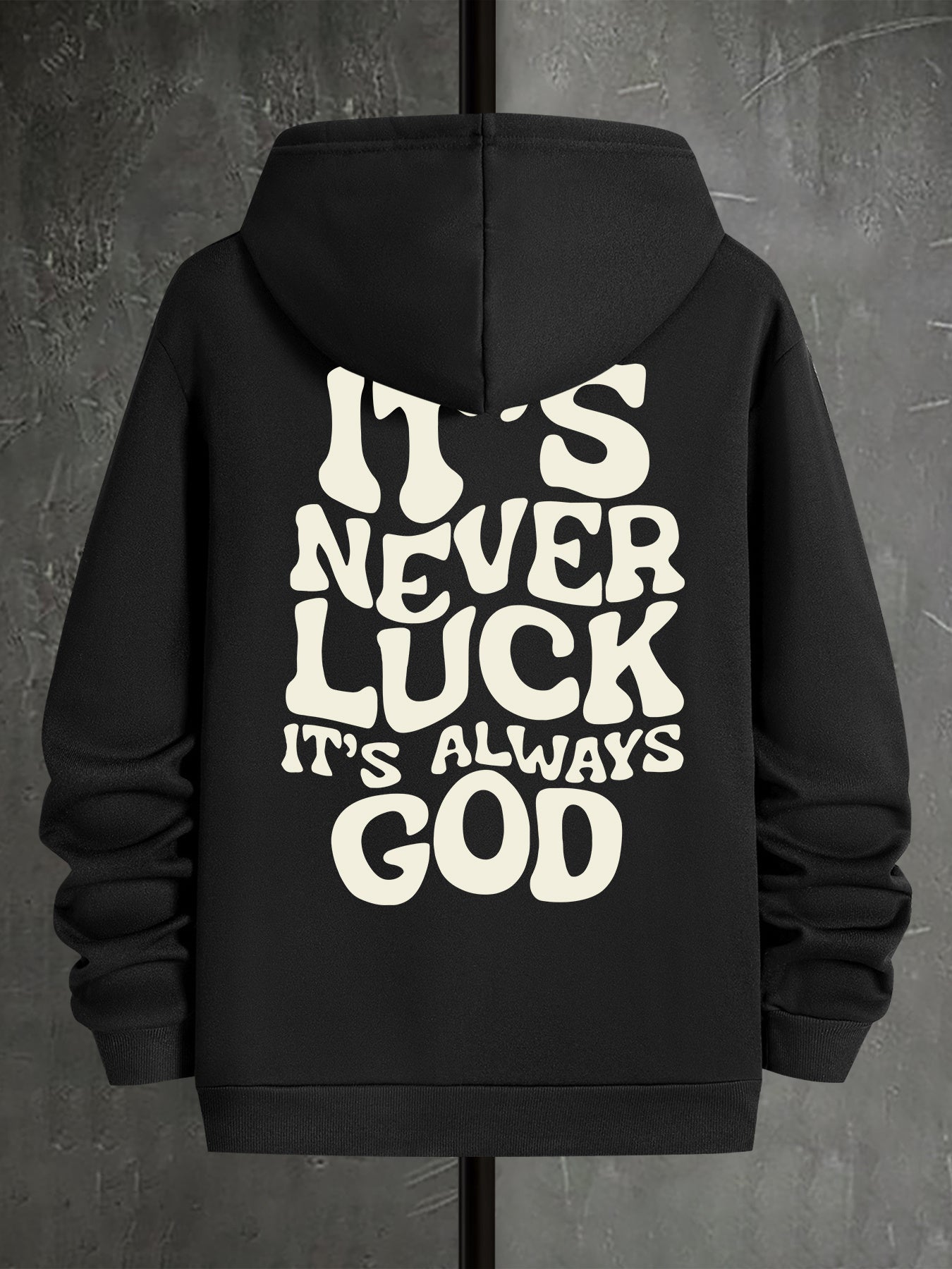 Stylish Faith-Inspired Hoodie - Soft Polyester Knit Fabric, Geometric Lettering Pattern, Casual Fit with Slight Stretch, "It's Never Luck, It's Always God" Inspirational Print, Regular Fit, Unisex Design