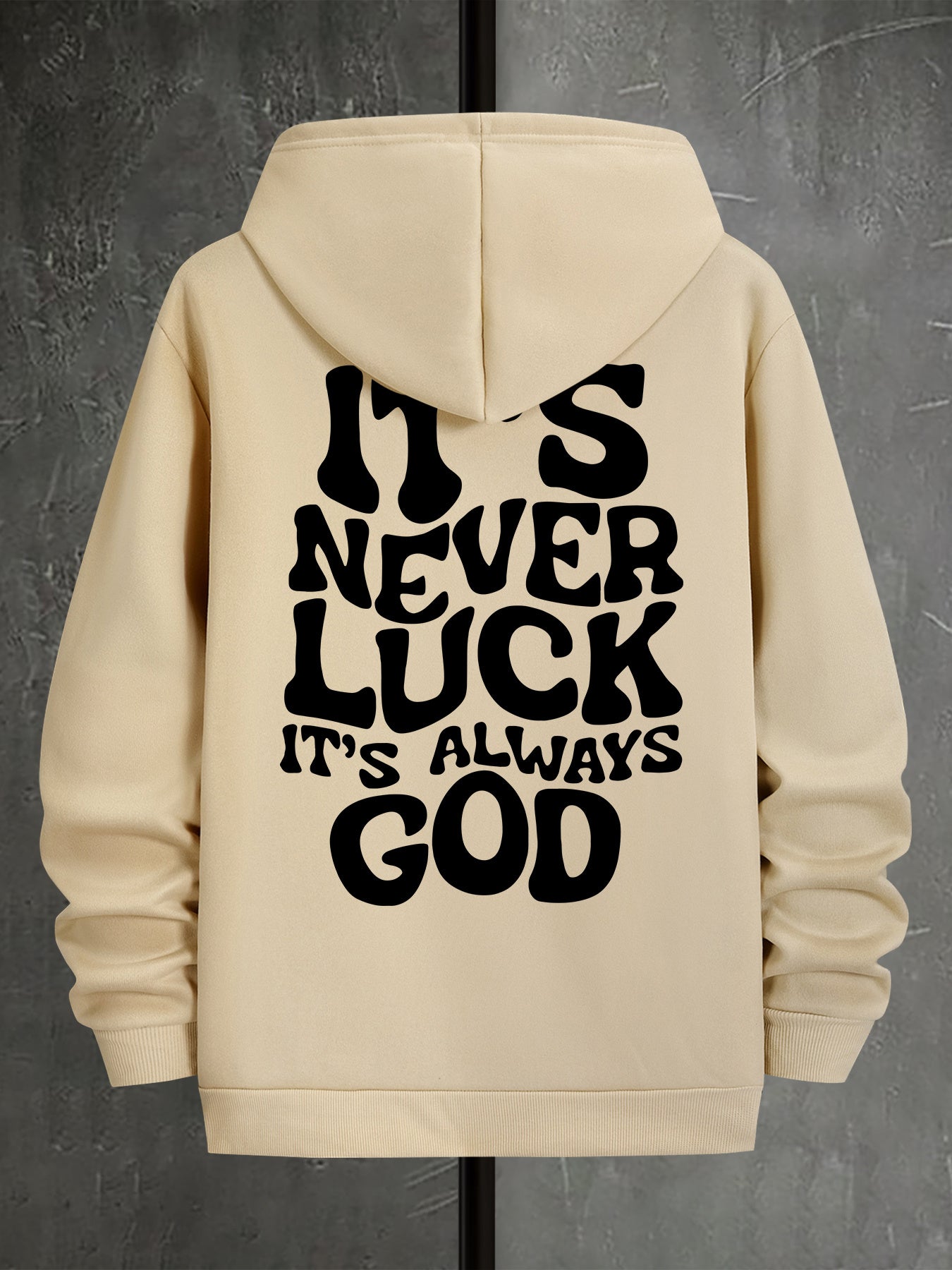 Stylish Faith-Inspired Hoodie - Soft Polyester Knit Fabric, Geometric Lettering Pattern, Casual Fit with Slight Stretch, "It's Never Luck, It's Always God" Inspirational Print, Regular Fit, Unisex Design