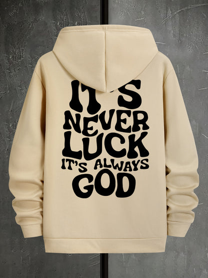 Stylish Faith-Inspired Hoodie - Soft Polyester Knit Fabric, Geometric Lettering Pattern, Casual Fit with Slight Stretch, "It's Never Luck, It's Always God" Inspirational Print, Regular Fit, Unisex Design