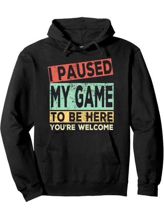 I Paused My Game to Be Here Graphic Print Men's Pullover Hoodie - 60% Cotton 40% Polyester Blend, Ultra-Soft Breathable 250gsm Fabric, Regular Fit Casual Streetwear for Gaming & Casual Attire, Gamer Hoodie