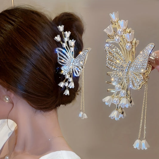 1pc Cool Flower Butterfly Rhinestone Faux Pearl Tassel Large Hair Clip, Fairy Hair Accessories, Ideal Choice For Gifts