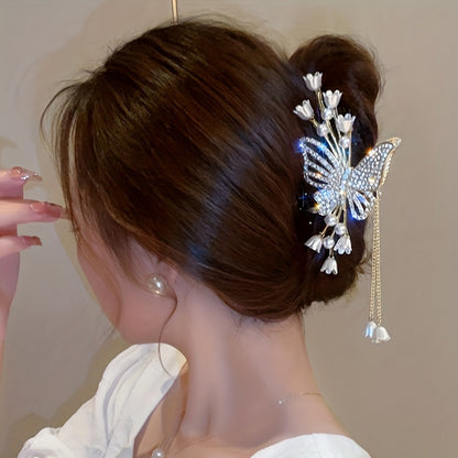 1pc Cool Flower Butterfly Rhinestone Faux Pearl Tassel Large Hair Clip, Fairy Hair Accessories, Ideal Choice For Gifts