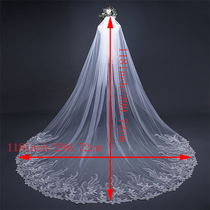Luxurious 118" Cathedral-Length Wedding Veil with Sequin Lace Edge and Secure Comb - Elegant Sheer Tulle for Bridal Gowns, Perfect for Photography & Special Events