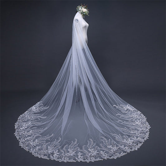 Luxurious 118" Cathedral-Length Wedding Veil with Sequin Lace Edge and Secure Comb - Elegant Sheer Tulle for Bridal Gowns, Perfect for Photography & Special Events