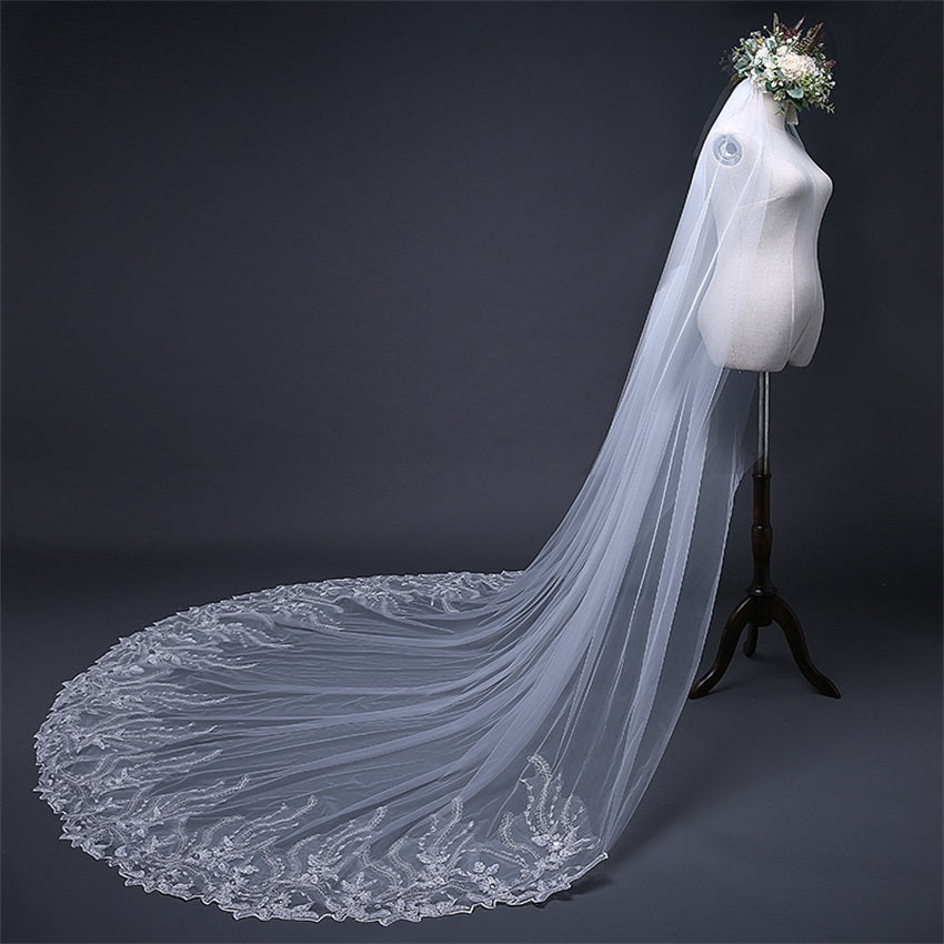 Luxurious 118" Cathedral-Length Wedding Veil with Sequin Lace Edge and Secure Comb - Elegant Sheer Tulle for Bridal Gowns, Perfect for Photography & Special Events