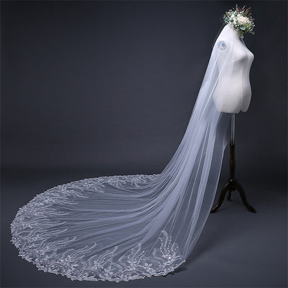 Luxurious 118" Cathedral-Length Wedding Veil with Sequin Lace Edge and Secure Comb - Elegant Sheer Tulle for Bridal Gowns, Perfect for Photography & Special Events