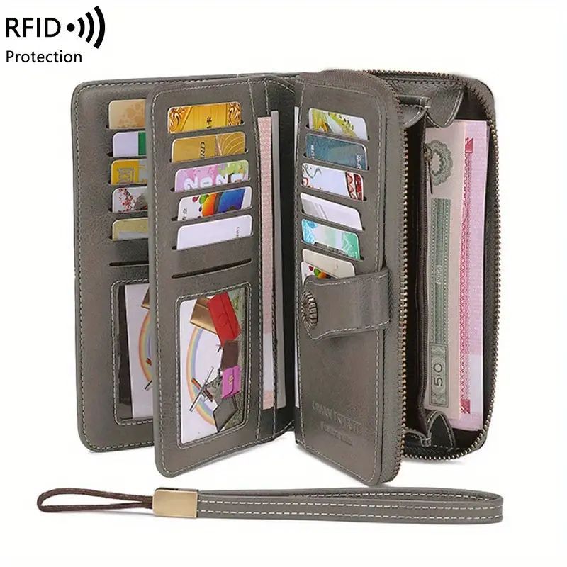 1 Pc Retro Large Capacity RFID Blocking PU Leather Solid Color Womens Purse - Multi-Functional Zipper Wallet with Wrist Strap, Passport, Ticket, Credit Card Holder and Phone Compartment - Stain Resistant, Fashionable, and Eas