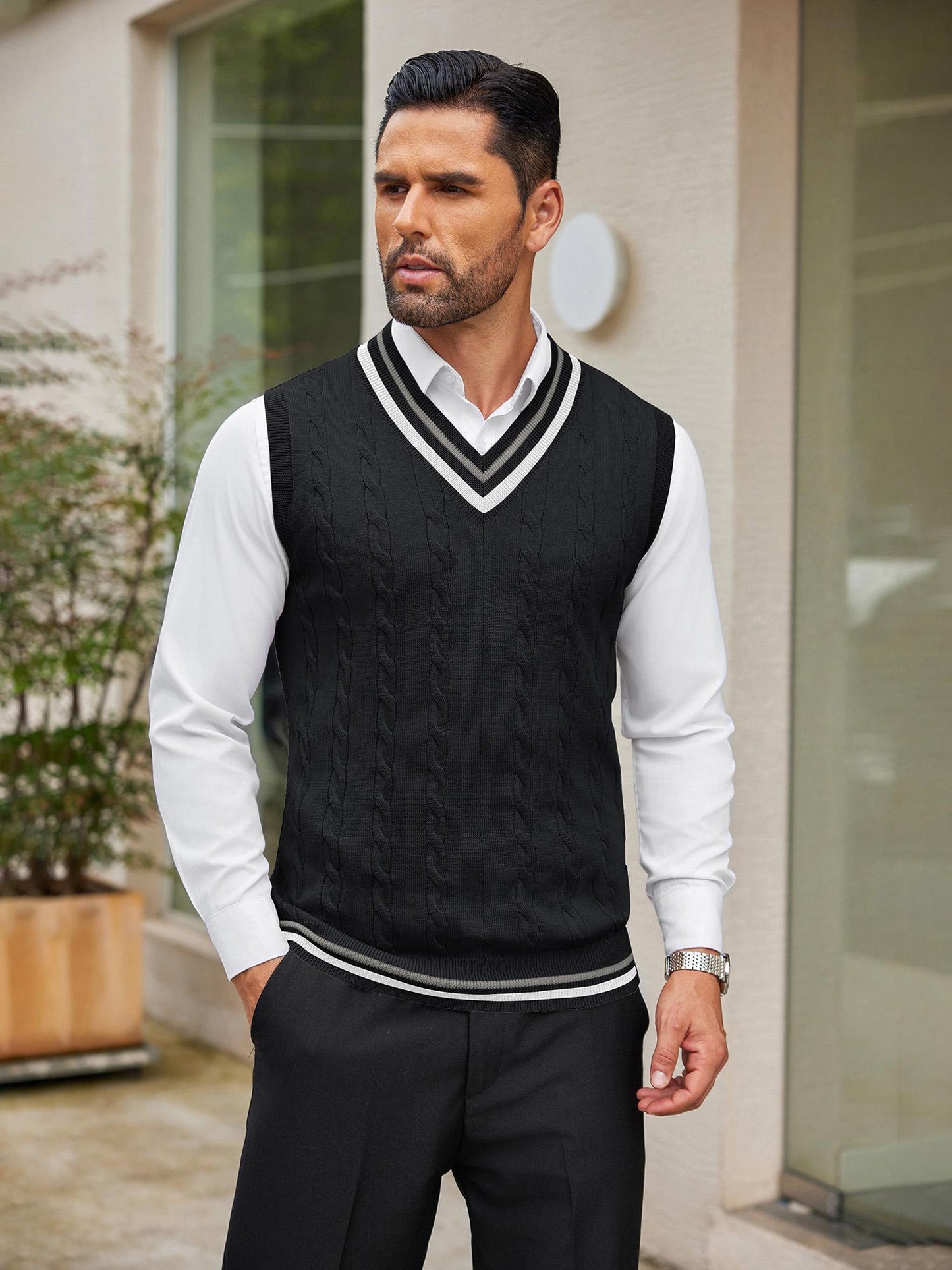 Men's Casual V-Neck Sweater Vest - Striped Cable Knit, Sleeveless Pullover for Spring/Fall