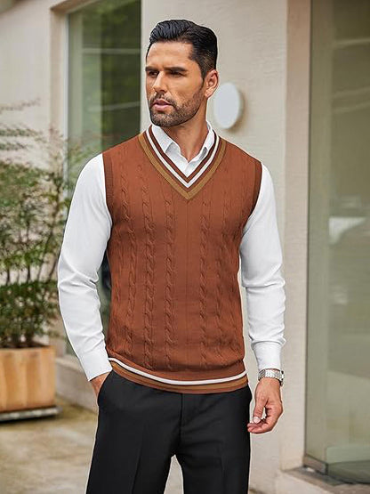 Men's Casual V-Neck Sweater Vest - Striped Cable Knit, Sleeveless Pullover for Spring/Fall