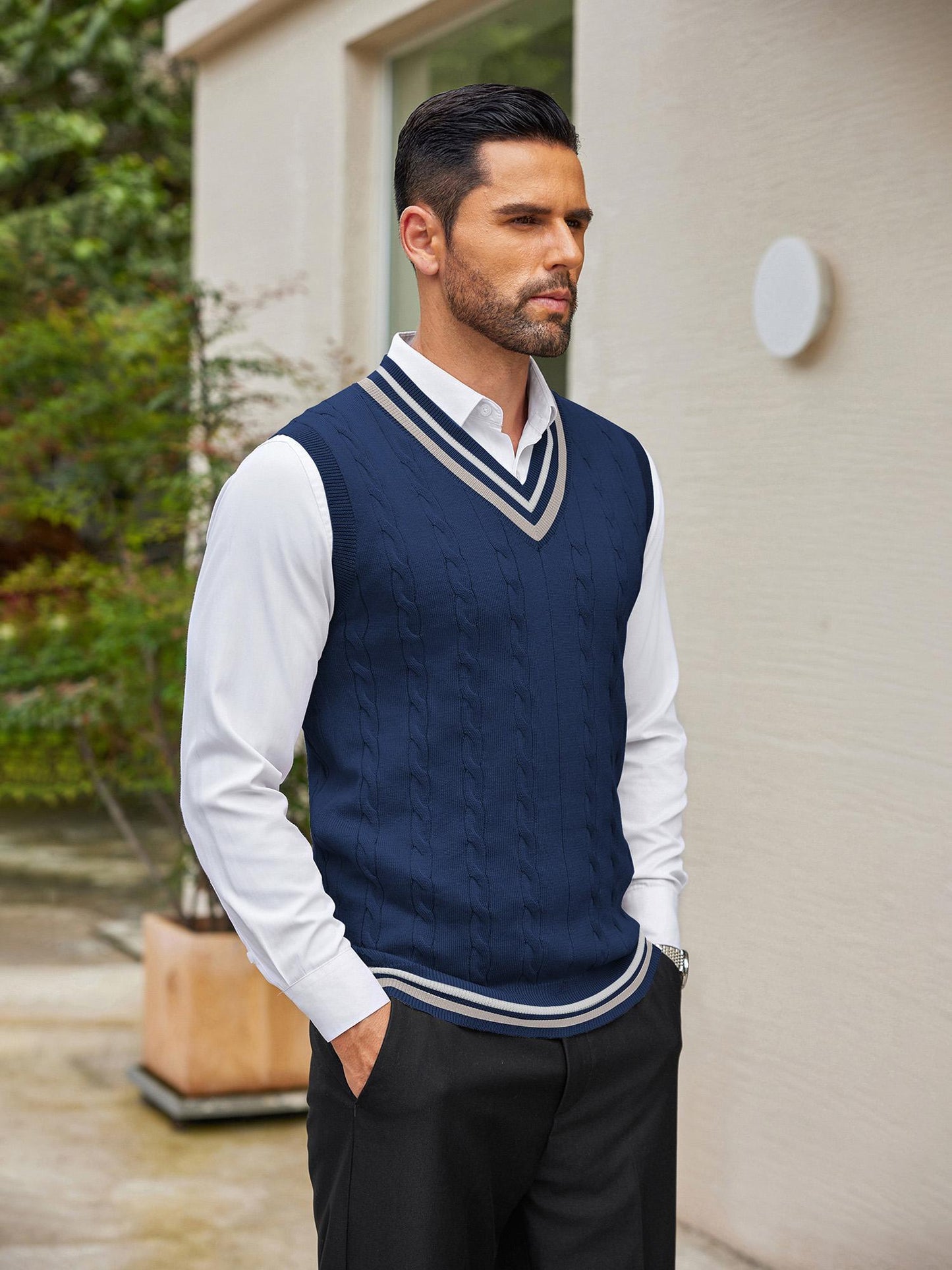 Men's Casual V-Neck Sweater Vest - Striped Cable Knit, Sleeveless Pullover for Spring/Fall