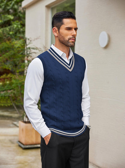 Men's Casual V-Neck Sweater Vest - Striped Cable Knit, Sleeveless Pullover for Spring/Fall