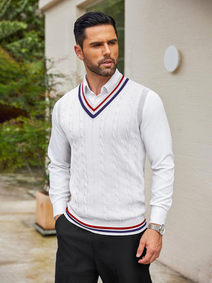 Men's Casual V-Neck Sweater Vest - Striped Cable Knit, Sleeveless Pullover for Spring/Fall