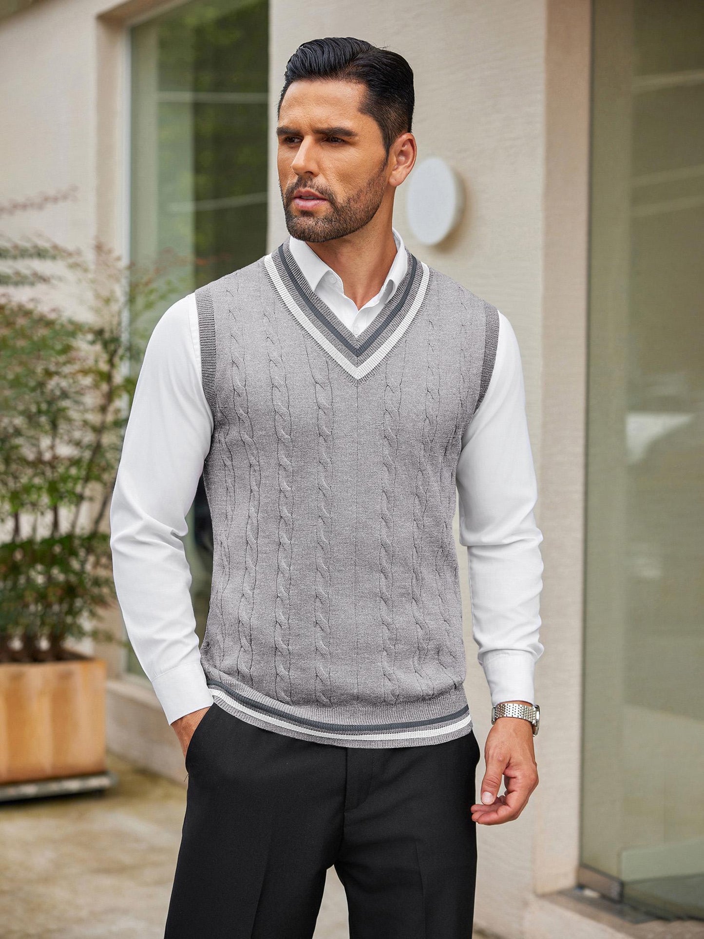 Men's Casual V-Neck Sweater Vest - Striped Cable Knit, Sleeveless Pullover for Spring/Fall