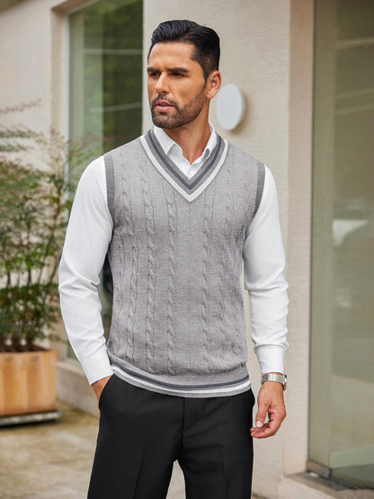 Men's Casual V-Neck Sweater Vest - Striped Cable Knit, Sleeveless Pullover for Spring/Fall