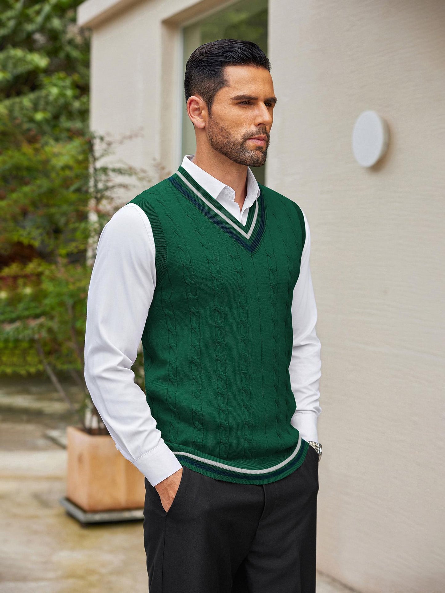 Men's Casual V-Neck Sweater Vest - Striped Cable Knit, Sleeveless Pullover for Spring/Fall
