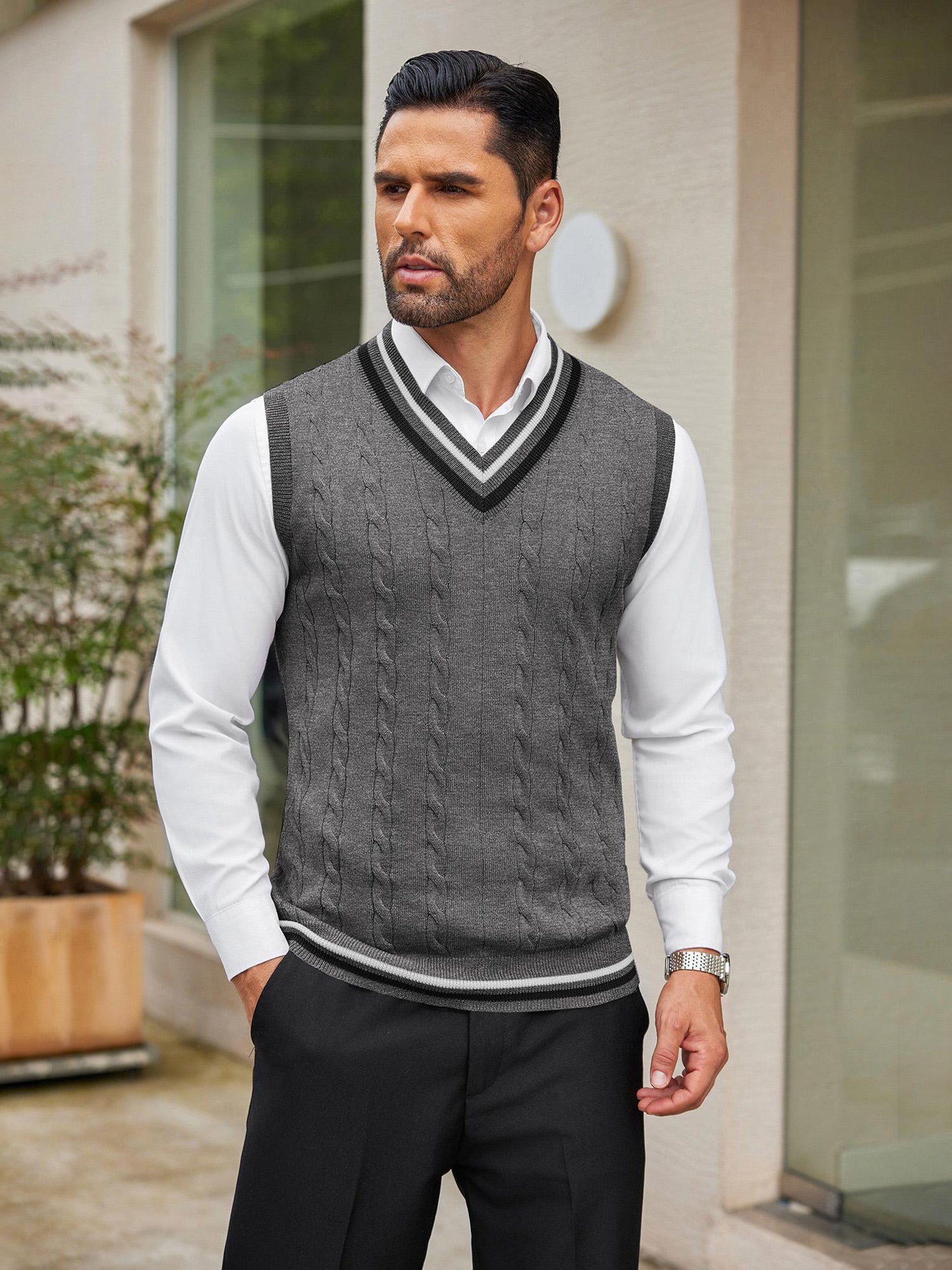 Men's Casual V-Neck Sweater Vest - Striped Cable Knit, Sleeveless Pullover for Spring/Fall