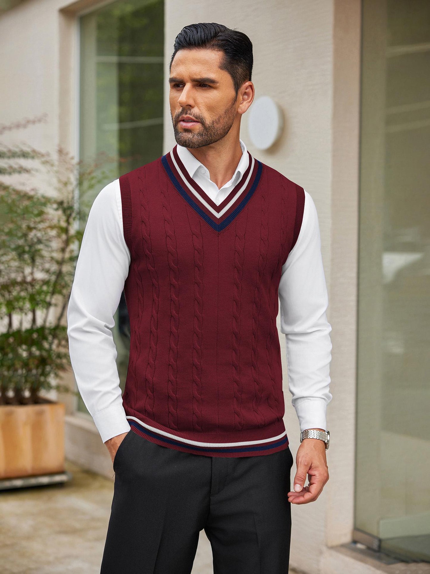 Men's Casual V-Neck Sweater Vest - Striped Cable Knit, Sleeveless Pullover for Spring/Fall