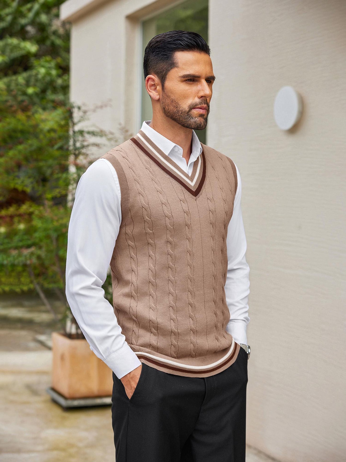 Men's Casual V-Neck Sweater Vest - Striped Cable Knit, Sleeveless Pullover for Spring/Fall