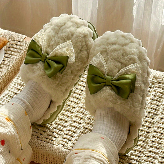 Hand Washable Comfy Women's Faux Fur Slippers - Solid Color Bowknot Accented Indoor House Shoes with EVA Sole, Fabric Upper/Lining/Insole, Slip-on Design for Casual Winter Wear - North America/Europe Exclusive