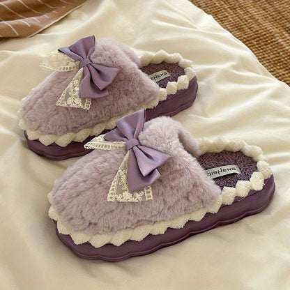 Hand Washable Comfy Women's Faux Fur Slippers - Solid Color Bowknot Accented Indoor House Shoes with EVA Sole, Fabric Upper/Lining/Insole, Slip-on Design for Casual Winter Wear - North America/Europe Exclusive