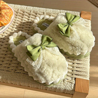 Hand Washable Comfy Women's Faux Fur Slippers - Solid Color Bowknot Accented Indoor House Shoes with EVA Sole, Fabric Upper/Lining/Insole, Slip-on Design for Casual Winter Wear - North America/Europe Exclusive