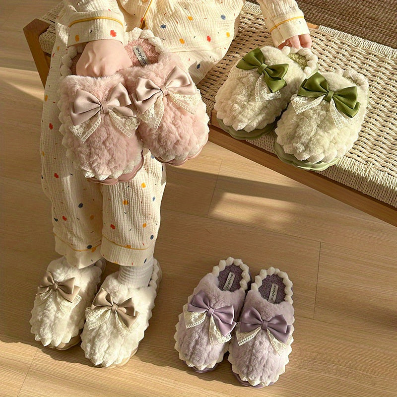 Hand Washable Comfy Women's Faux Fur Slippers - Solid Color Bowknot Accented Indoor House Shoes with EVA Sole, Fabric Upper/Lining/Insole, Slip-on Design for Casual Winter Wear - North America/Europe Exclusive