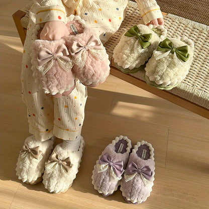 Hand Washable Comfy Women's Faux Fur Slippers - Solid Color Bowknot Accented Indoor House Shoes with EVA Sole, Fabric Upper/Lining/Insole, Slip-on Design for Casual Winter Wear - North America/Europe Exclusive