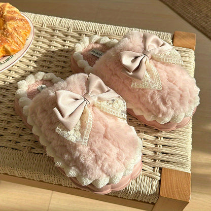 Hand Washable Comfy Women's Faux Fur Slippers - Solid Color Bowknot Accented Indoor House Shoes with EVA Sole, Fabric Upper/Lining/Insole, Slip-on Design for Casual Winter Wear - North America/Europe Exclusive