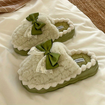 Hand Washable Comfy Women's Faux Fur Slippers - Solid Color Bowknot Accented Indoor House Shoes with EVA Sole, Fabric Upper/Lining/Insole, Slip-on Design for Casual Winter Wear - North America/Europe Exclusive