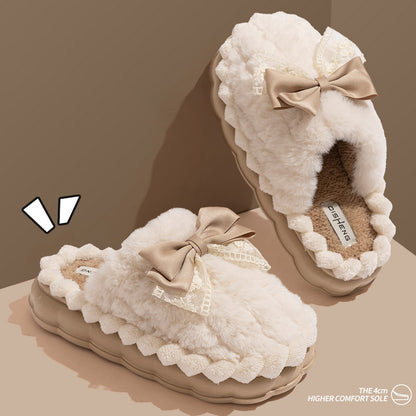 Hand Washable Comfy Women's Faux Fur Slippers - Solid Color Bowknot Accented Indoor House Shoes with EVA Sole, Fabric Upper/Lining/Insole, Slip-on Design for Casual Winter Wear - North America/Europe Exclusive