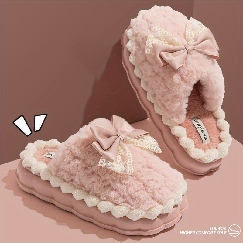 Hand Washable Comfy Women's Faux Fur Slippers - Solid Color Bowknot Accented Indoor House Shoes with EVA Sole, Fabric Upper/Lining/Insole, Slip-on Design for Casual Winter Wear - North America/Europe Exclusive