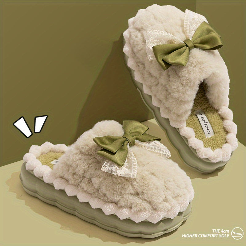 Hand Washable Comfy Women's Faux Fur Slippers - Solid Color Bowknot Accented Indoor House Shoes with EVA Sole, Fabric Upper/Lining/Insole, Slip-on Design for Casual Winter Wear - North America/Europe Exclusive