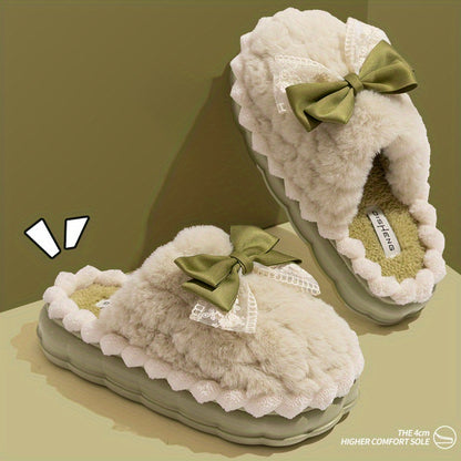 Hand Washable Comfy Women's Faux Fur Slippers - Solid Color Bowknot Accented Indoor House Shoes with EVA Sole, Fabric Upper/Lining/Insole, Slip-on Design for Casual Winter Wear - North America/Europe Exclusive
