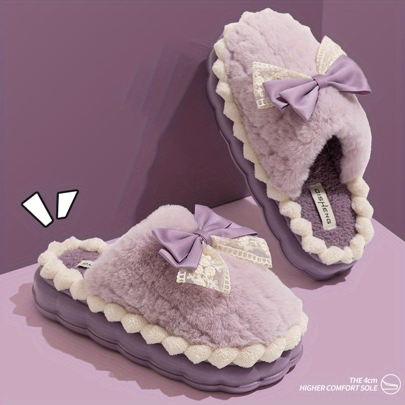 Hand Washable Comfy Women's Faux Fur Slippers - Solid Color Bowknot Accented Indoor House Shoes with EVA Sole, Fabric Upper/Lining/Insole, Slip-on Design for Casual Winter Wear - North America/Europe Exclusive