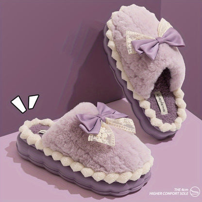 Hand Washable Comfy Women's Faux Fur Slippers - Solid Color Bowknot Accented Indoor House Shoes with EVA Sole, Fabric Upper/Lining/Insole, Slip-on Design for Casual Winter Wear - North America/Europe Exclusive