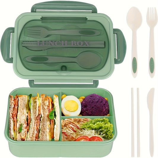 40.58oz Leak-Proof Bento Box with Cutlery - BPA-Free, Microwave Safe, 3 Compartments, Green Silicone Lunch Container for School, Work & Outdoor Meals, Outdoor Meal Box | Compartmentalized Lunchbox | Secure Locking Lid
