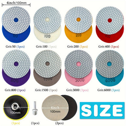 Diamond Grinding Discs Set of 12 - 4-Inch Wet/Dry Polishing Pads with 5/8" 11 Backing Pad for Drill, Grinders, And Polishers, Grit Material Type: Diamond, Backing Type: Polymer, Power Supply: Manual - Ideal for Concrete, Marb
