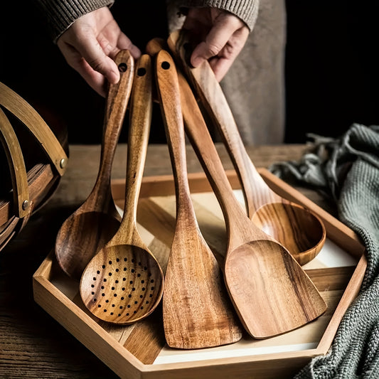 5pcs Premium Wooden Kitchen Utensils Set - Ergonomic Handles, Natural Wooden Spoons, Spurtle, Ladle, And Wok Spatulas for Non-Stick Pans, Heat Resistant, Easy to Clean, And Durable Kitchen Essentials Cookware Accessories