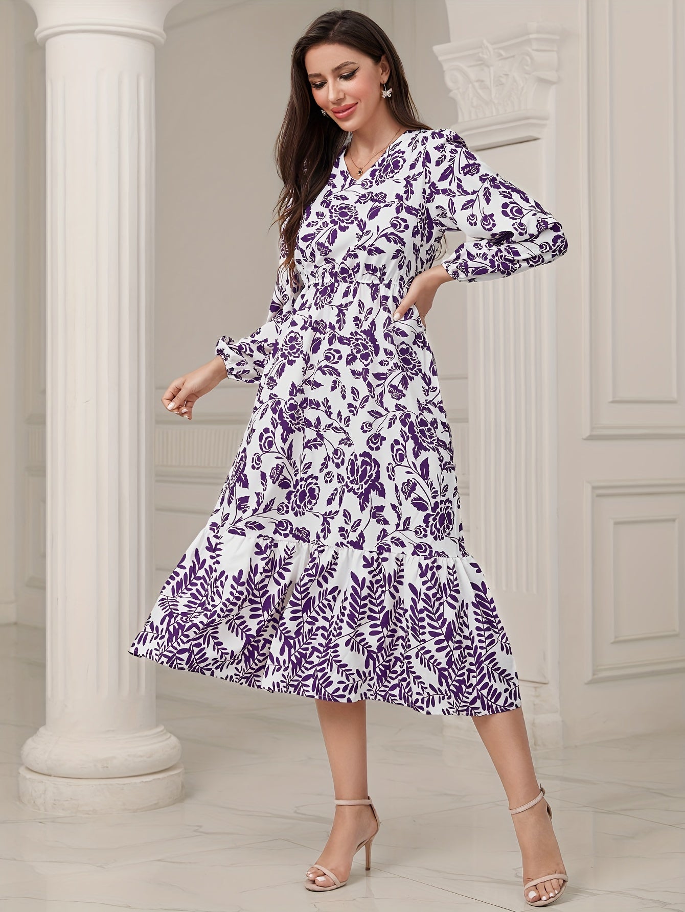 Floral & Leaves Print V-neck Dress, Elegant Elastic Waist Long Sleeve Dress For Spring & Fall, Women's Clothing