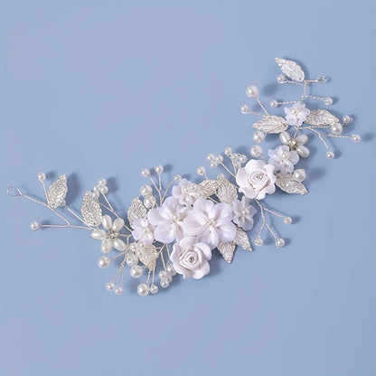 1Pc Flower Bride Wedding Hair Vine Pearl Bridal Hair Piece Leaf Hair Accessories Rhinestone Headband For Women And Girls