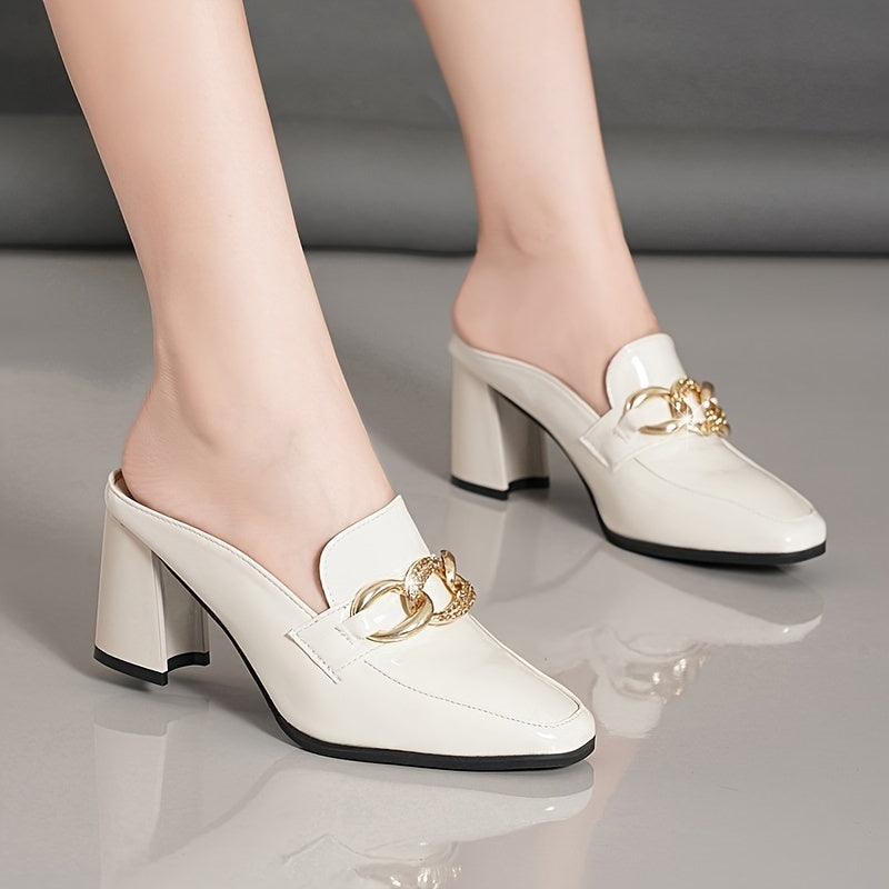 White Block Heel Pumps for Women - Elegant Pointed Toe Slip-On Shoes with Golden Chain Detail - High Heel Loafers with Rubber Sole - All Season Professional Dress Pumps