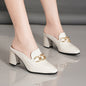 White Block Heel Pumps for Women - Elegant Pointed Toe Slip-On Shoes with Golden Chain Detail - High Heel Loafers with Rubber Sole - All Season Professional Dress Pumps