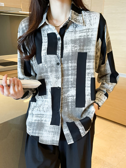 Chic Floral Print Long Sleeve Shirt for Women - Casual Collared Top with Button Detail, Machine Washable - Perfect for Spring & Fall, Loose Slimming, Square Print