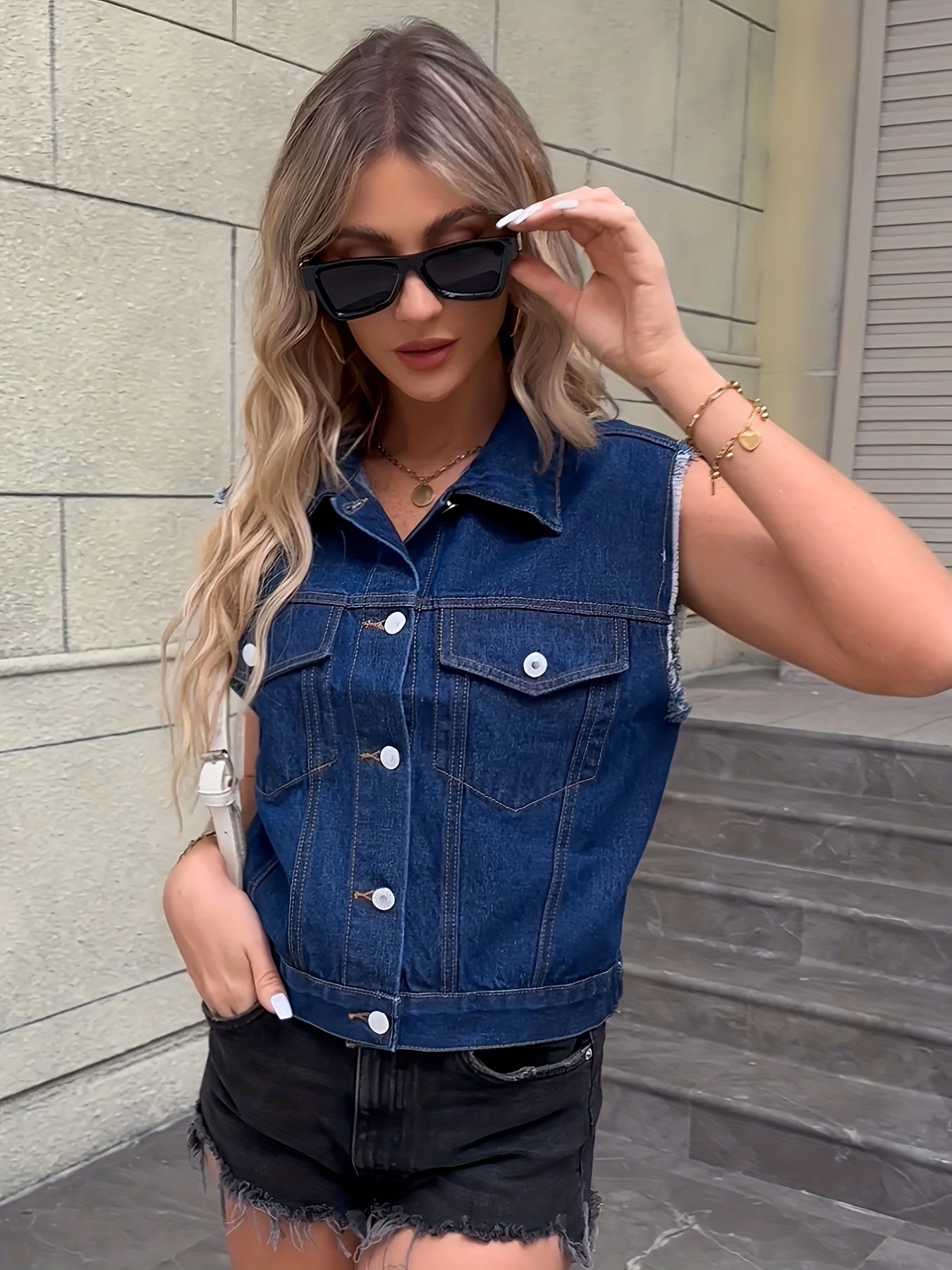 Blue Sleeveless Versatile Denim Jackets, Single-Breasted Button Flap Pockets Lapel Denim Vest, Women's Denim Clothing
