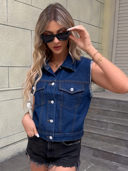 Blue Sleeveless Versatile Denim Jackets, Single-Breasted Button Flap Pockets Lapel Denim Vest, Women's Denim Clothing
