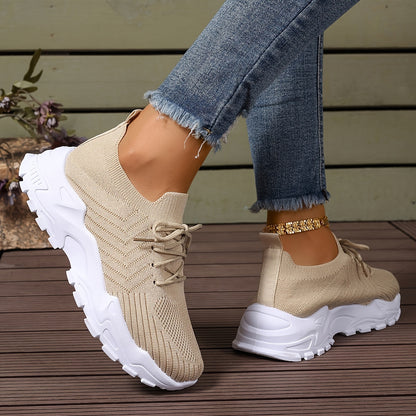 Women's Solid Color Fashion Sneakers - Casual Breathable Mesh Running Shoes with Lace-up Closure, Comfortable All-Season Walking Shoes with Anti-Slip PVC Sole, Low Top Design - Taizhou Exclusive