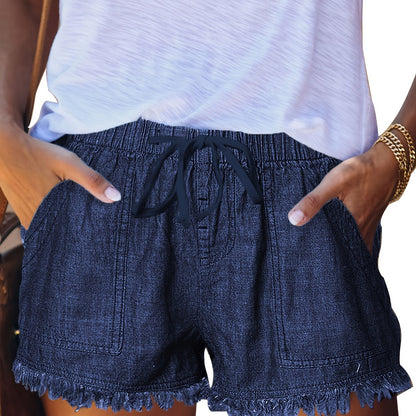 Women'S Casual Fashion Drawstring Elastic Waist Denim Shorts With Frayed Hem, Summer Comfort Fit Jean Shorts